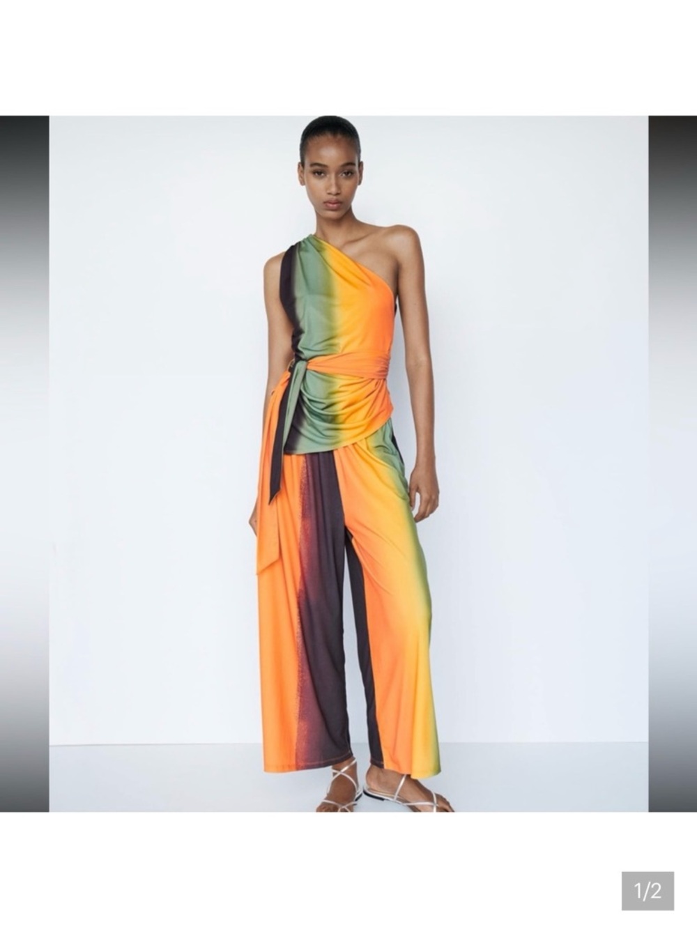 One-Shoulder Gradient top and bottom set in Orange and Green